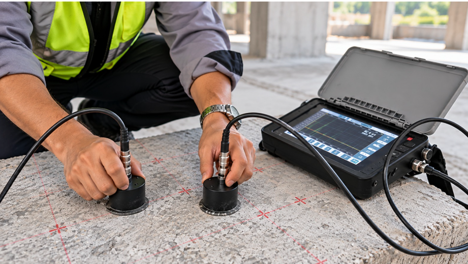 Engineer testing a concrete pier with a handheld NDT device while a digital twin model of a bridge shows sensor data