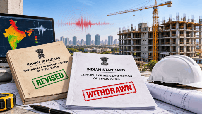 Two Indian Standard earthquake-resistant design books stamped Revised and Withdrawn beside a seismic hazard map and a building under construction